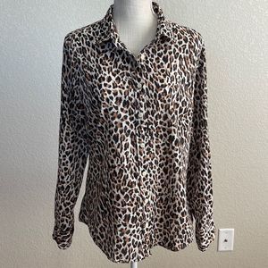 J.CREW Women's M Brown Animal Print Cotton Blouse Long Sleeve Collared Shirt